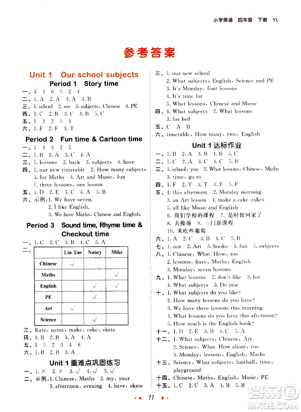 教育科學出版社2021春季53天天練小學英語四年級下冊YL譯林版答案