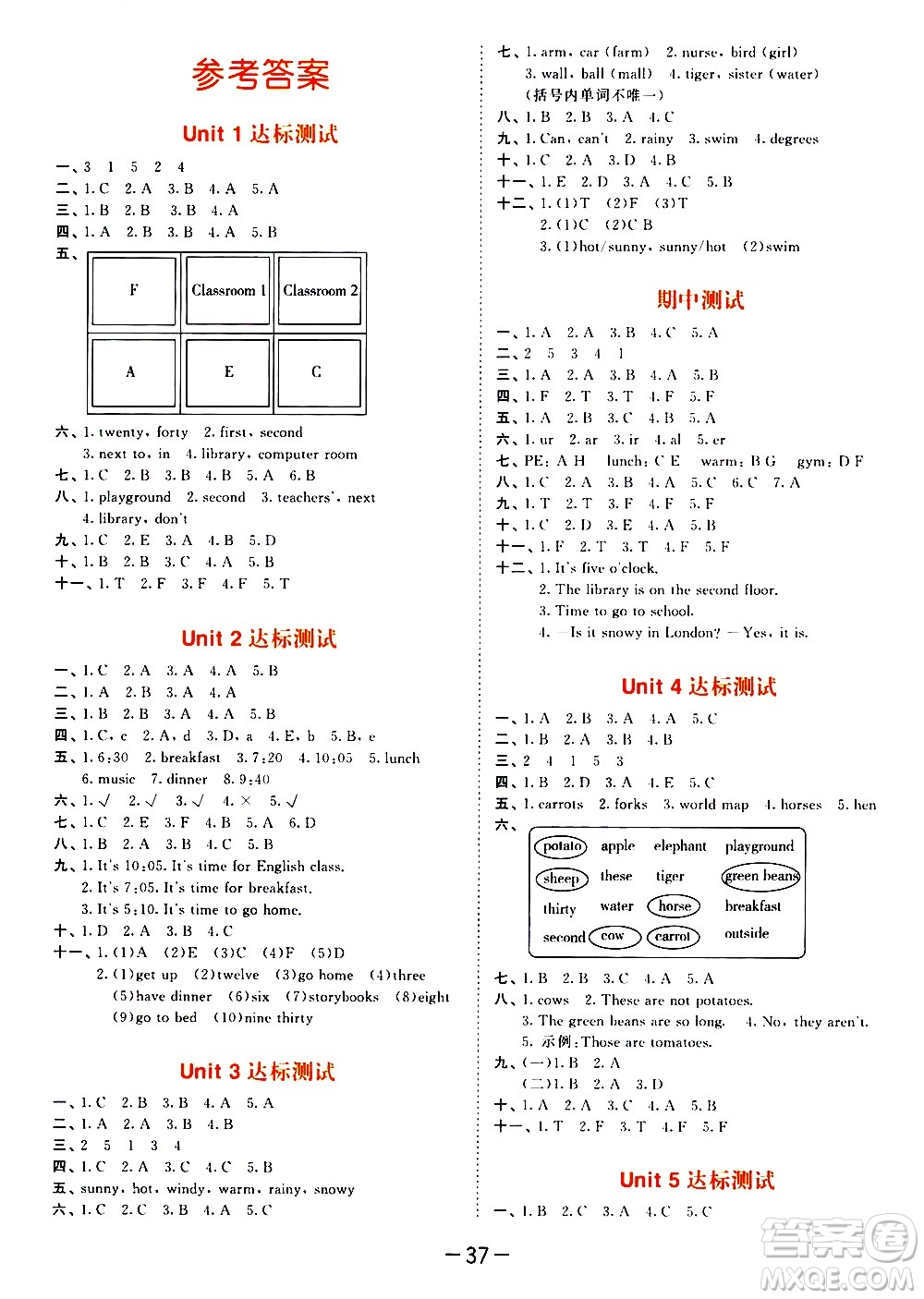 教育科學出版社2021春季53天天練測評卷小學英語四年級下冊RP人教版答案