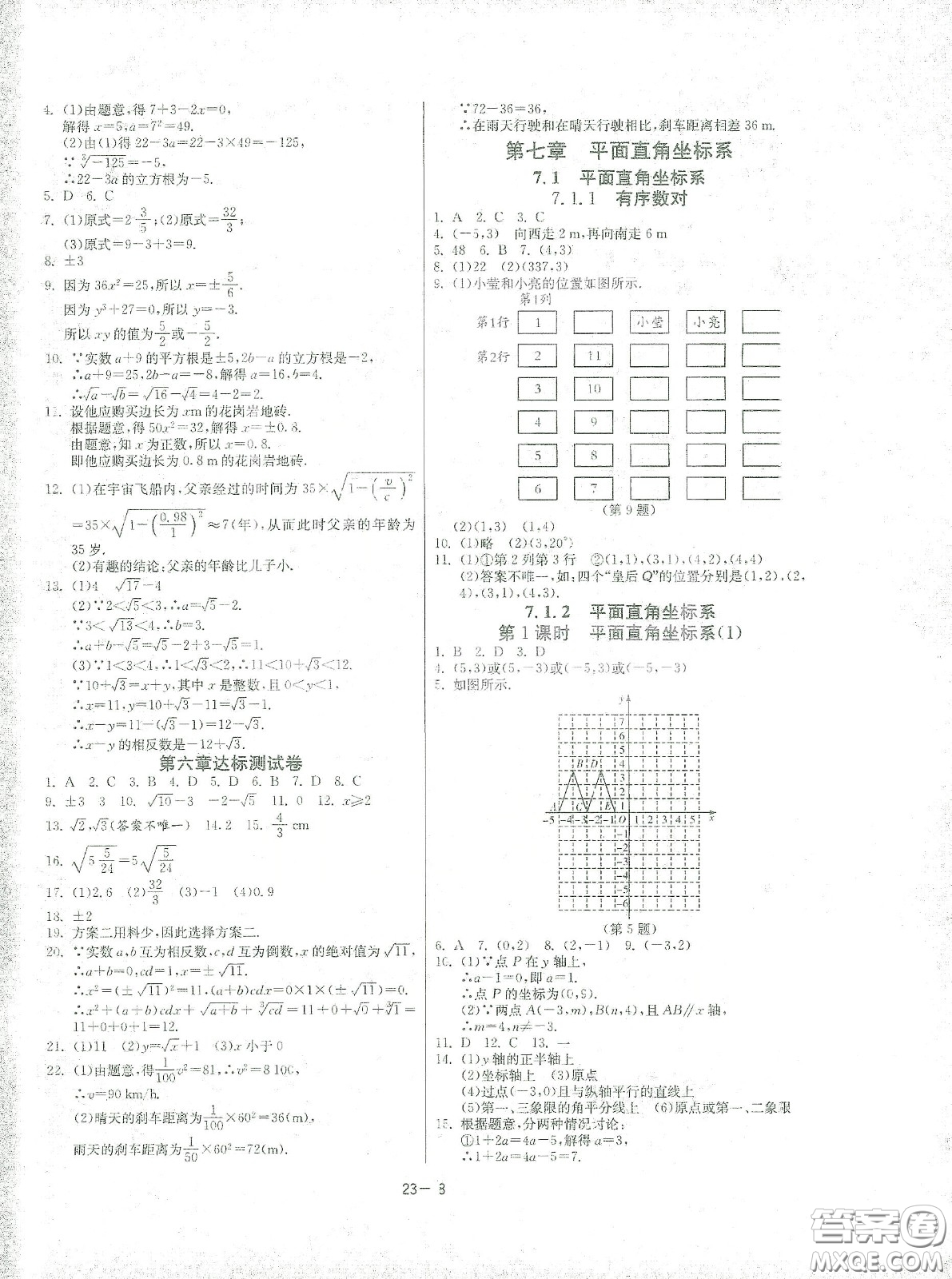 江蘇人民出版社2021春雨教育課時訓練七年級數學下冊人民教育版答案