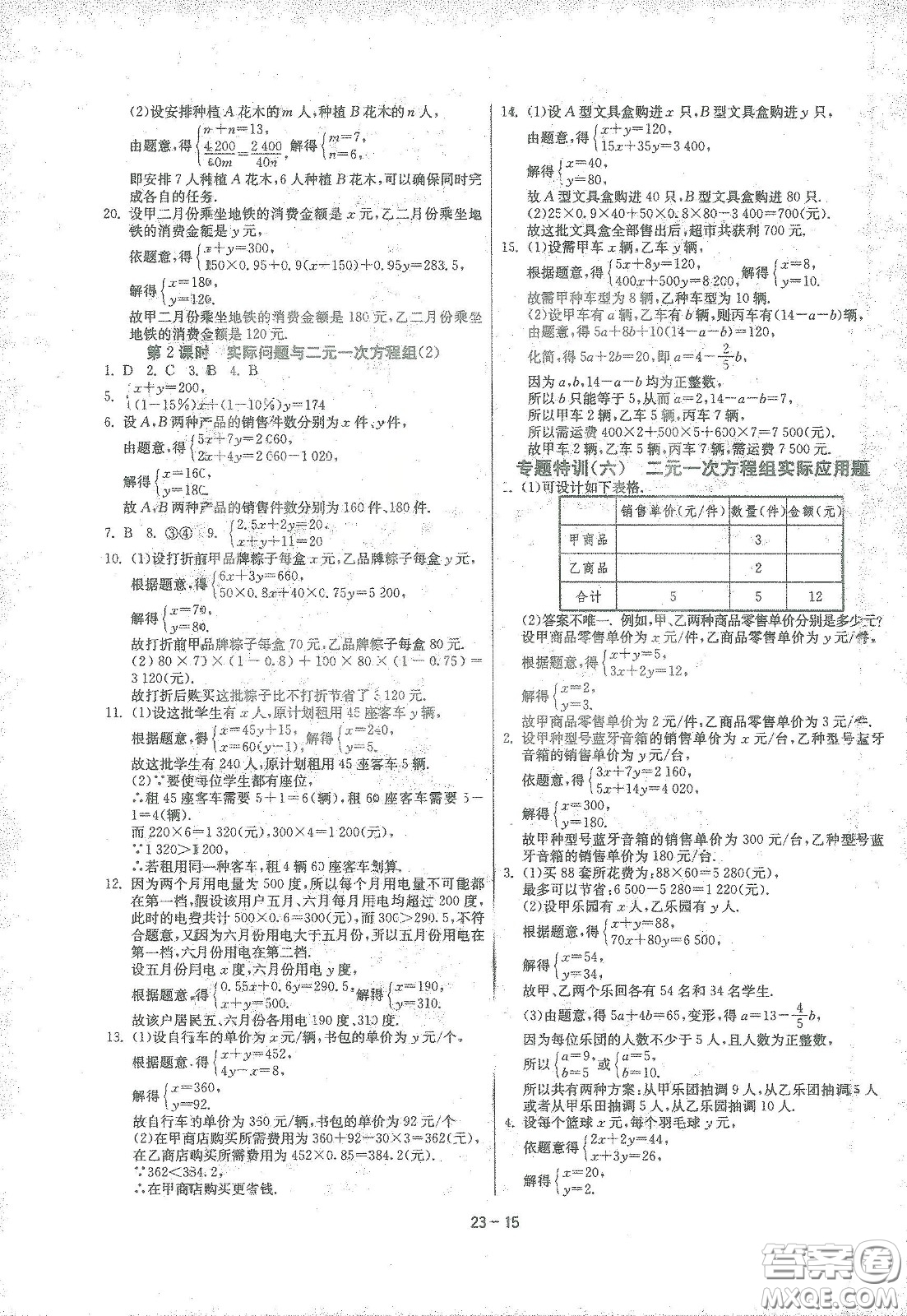 江蘇人民出版社2021春雨教育課時訓練七年級數學下冊人民教育版答案
