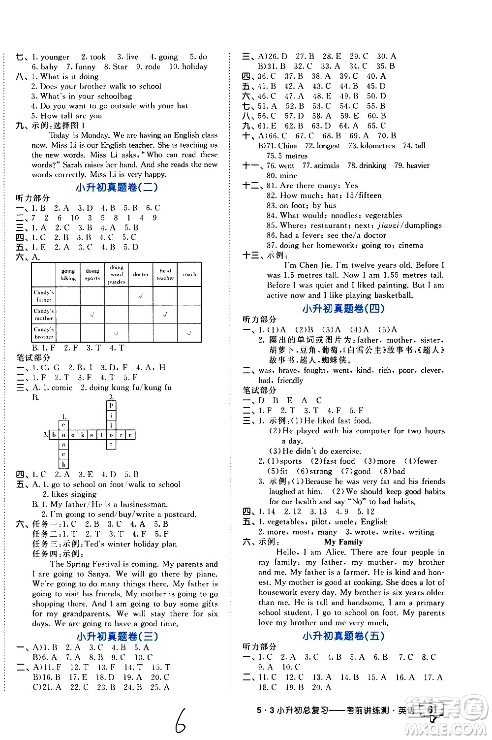 教育科學出版社2021年53小升初總復習考前講練測英語答案