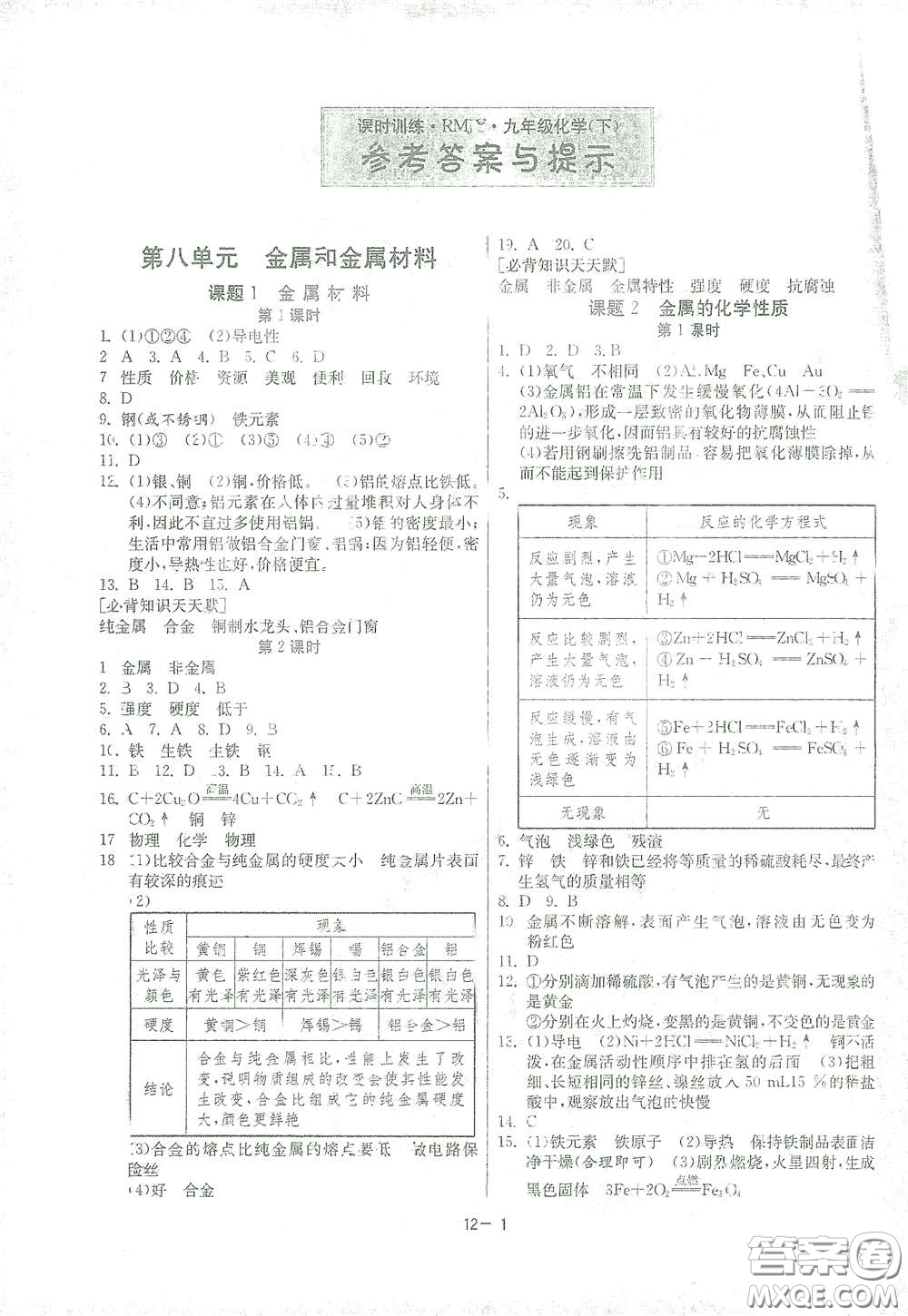 江蘇人民出版社2021春雨教育課時訓(xùn)練九年級化學(xué)下冊人民教育版答案