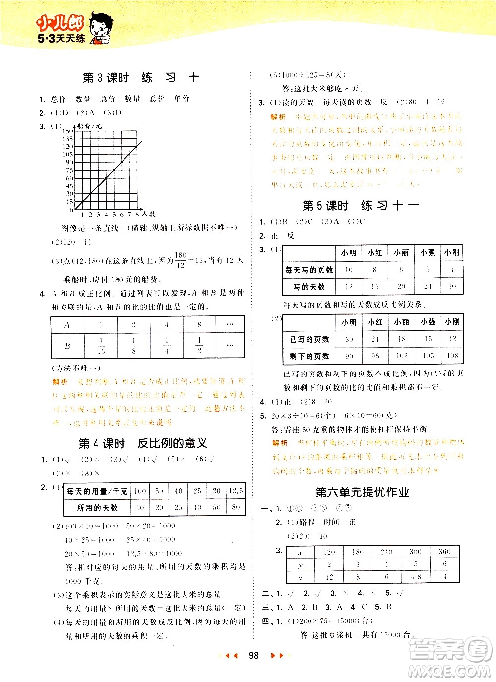 教育科學出版社2021春季53天天練小學數學六年級下冊SJ蘇教版答案