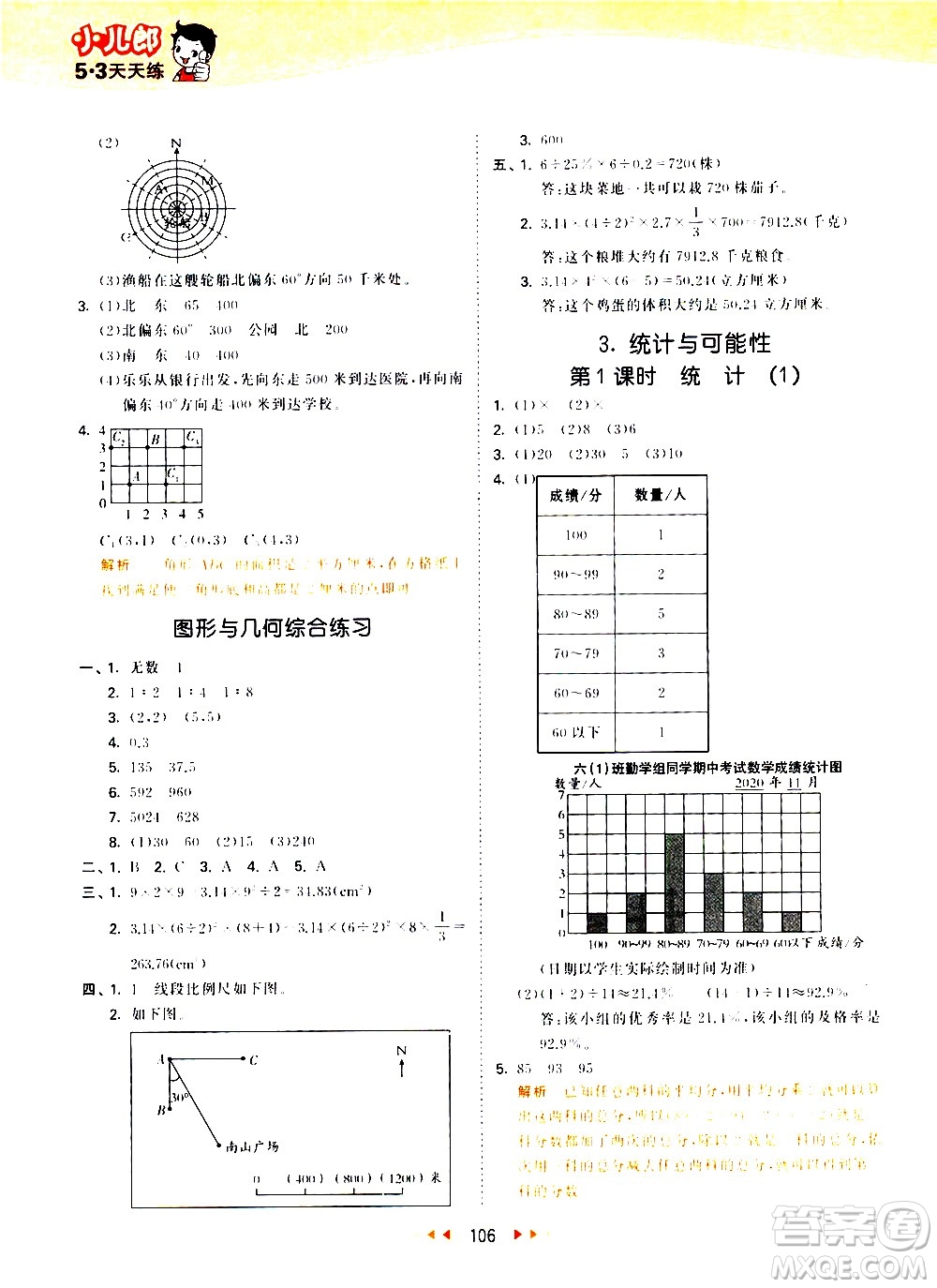教育科學出版社2021春季53天天練小學數學六年級下冊SJ蘇教版答案