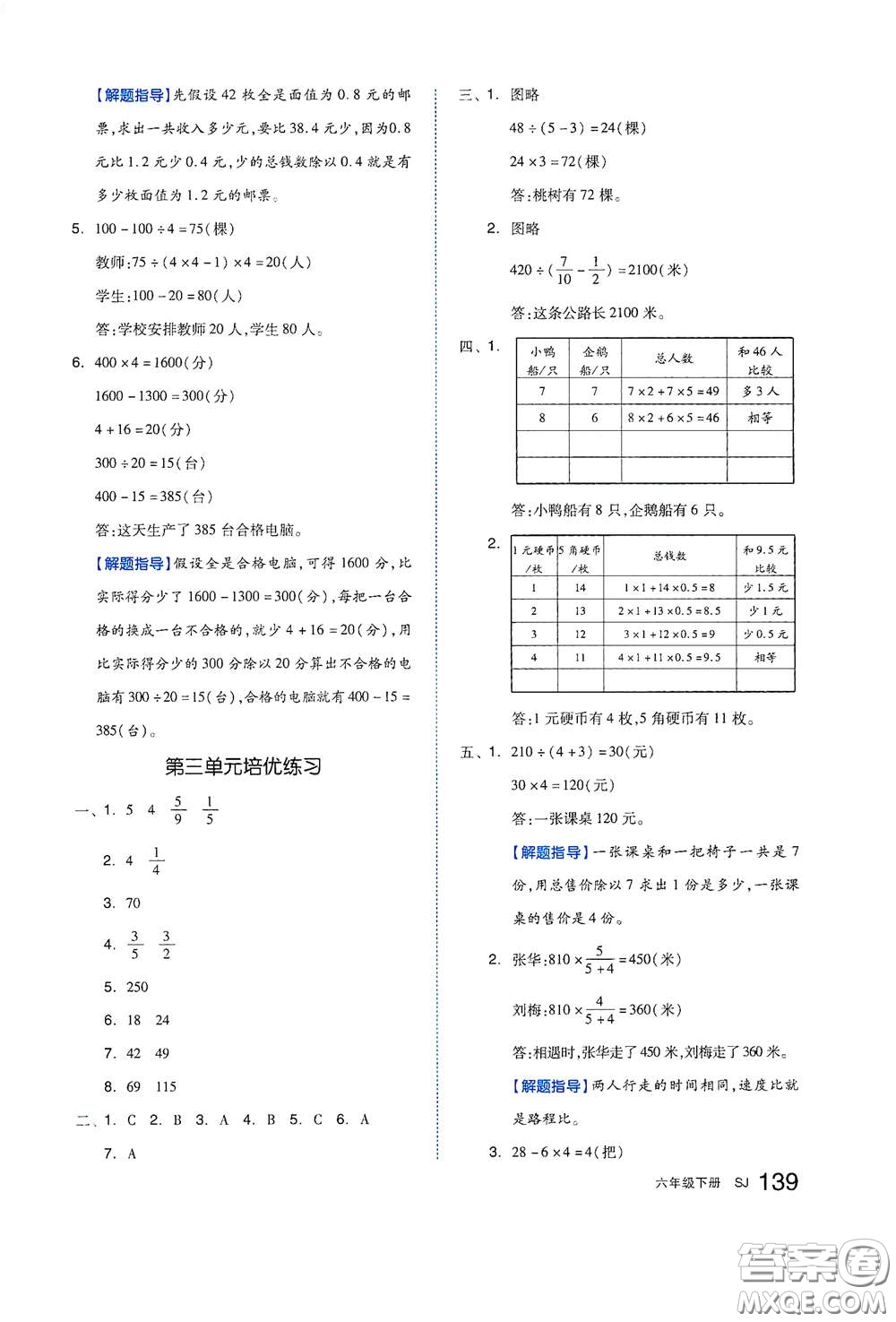 天津人民出版社2021春全品作業(yè)本六年級數(shù)學下冊蘇教版答案