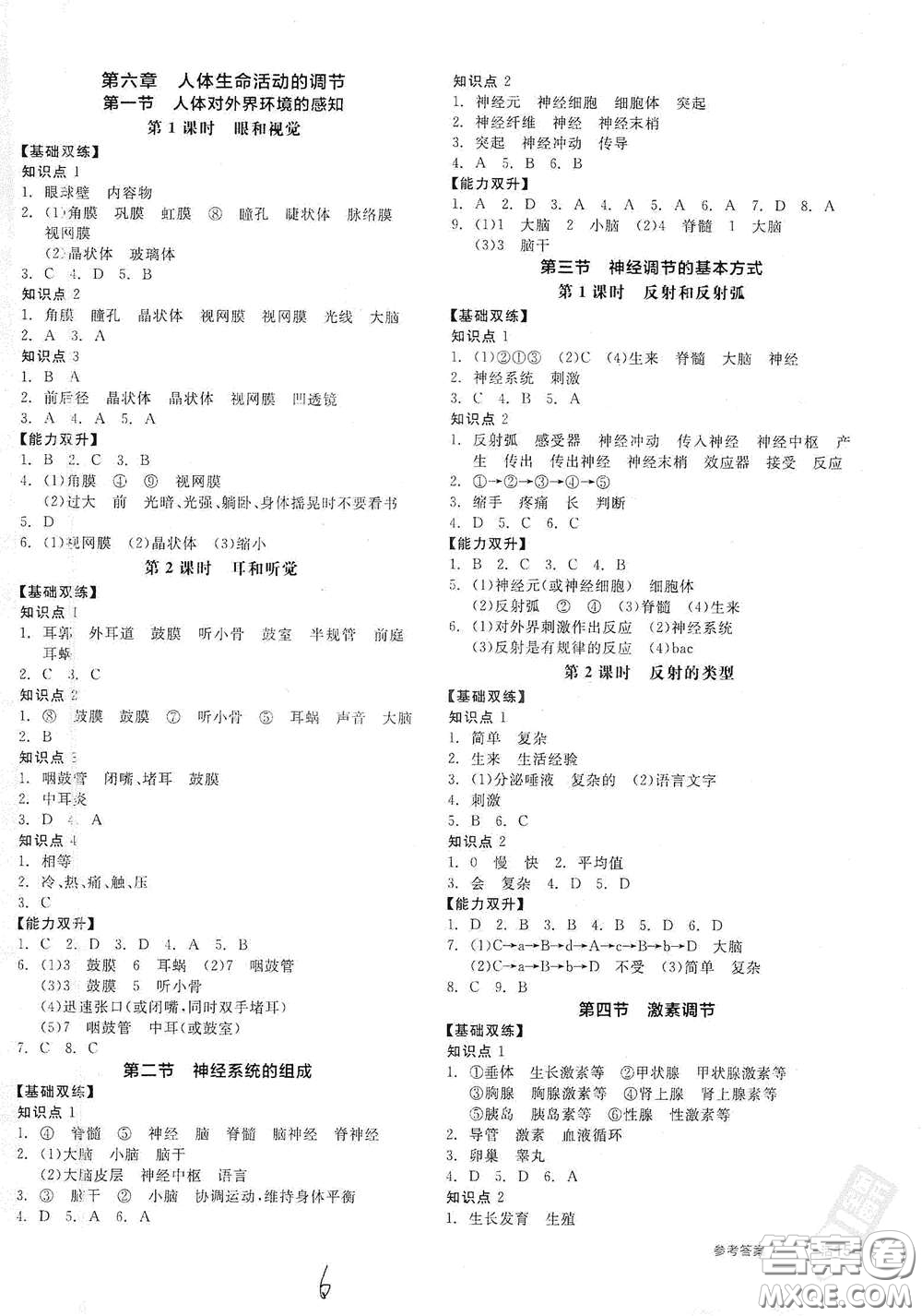 陽光出版社2021全品作業(yè)本七年級(jí)生物學(xué)下冊(cè)新課標(biāo)人教版答案