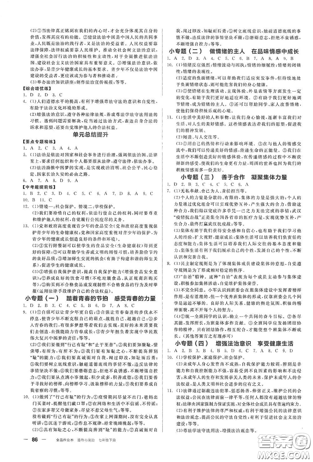 陽光出版社2021全品作業(yè)本七年級道德與法治下冊新課標(biāo)人教版江西省專用答案