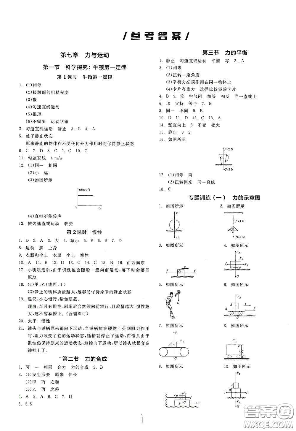 陽光出版社2021春全品作業(yè)本八年級全一冊下物理新課標(biāo)HK版答案