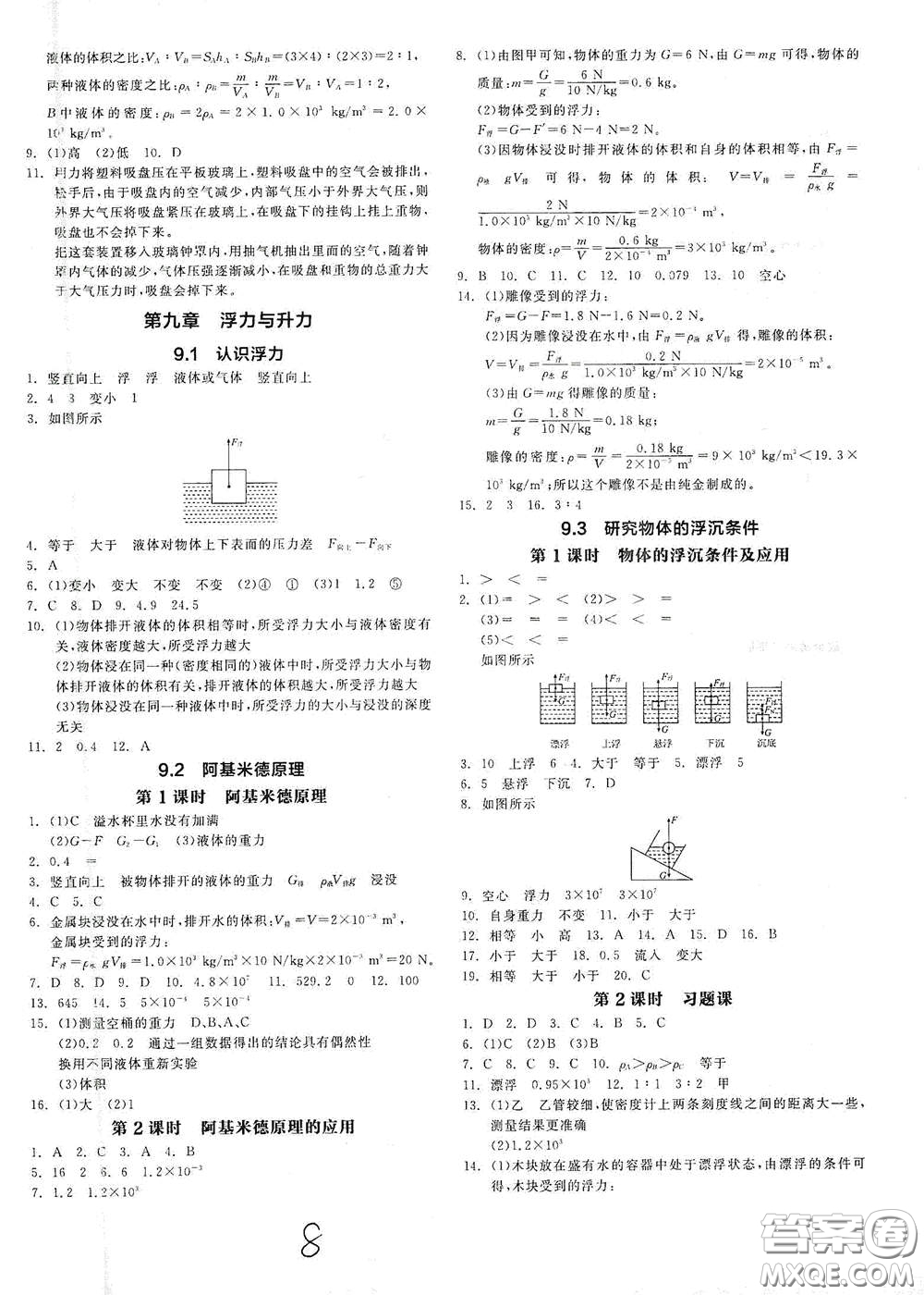 延邊教育出版社2021春全品作業(yè)本八年級(jí)物理下冊(cè)新課標(biāo)滬粵版江西省專用答案