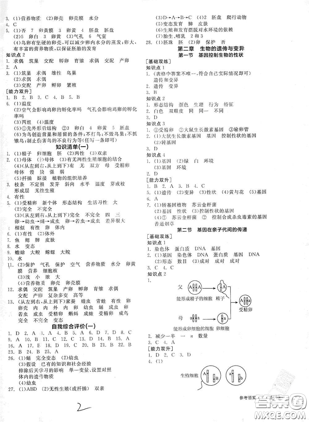 陽光出版社2021全品作業(yè)本八年級生物學(xué)下冊新課標(biāo)人教版答案