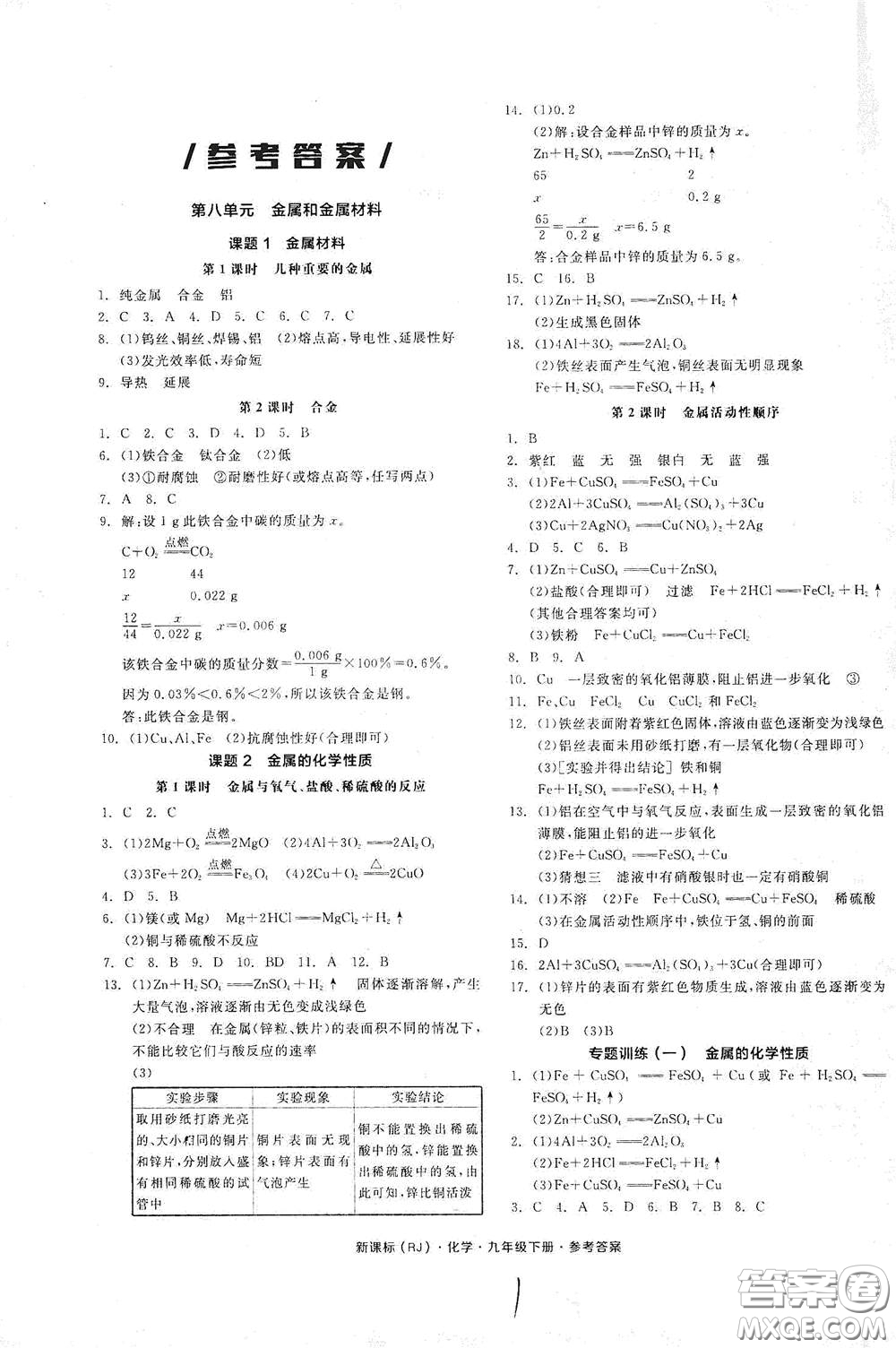 陽光出版社2021全品作業(yè)本九年級化學(xué)下冊新課標(biāo)人教版江西省答案