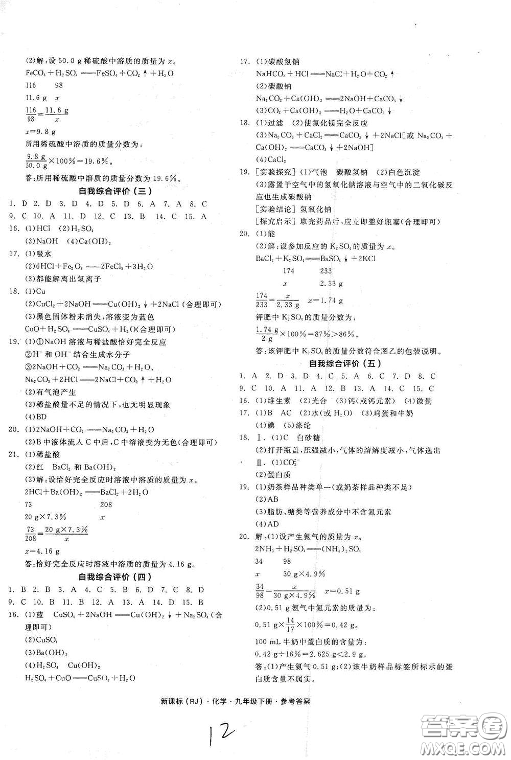 陽光出版社2021全品作業(yè)本九年級化學(xué)下冊新課標(biāo)人教版江西省答案