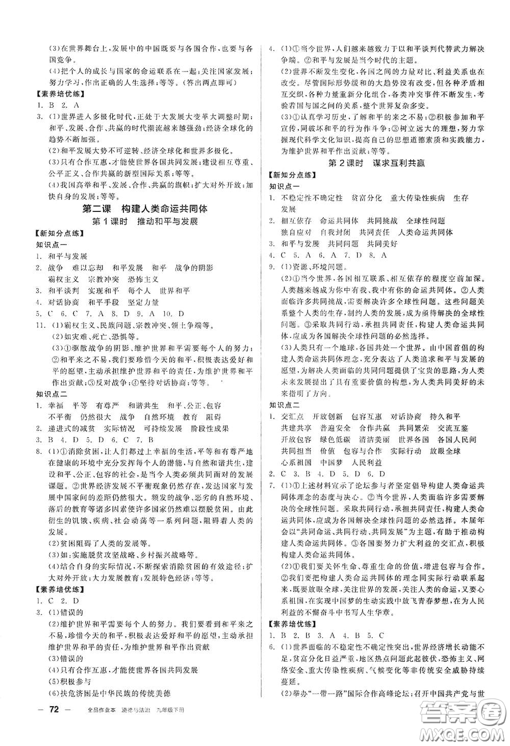 陽光出版社2021全品作業(yè)本九年級道德與法治下冊新課標人教版答案