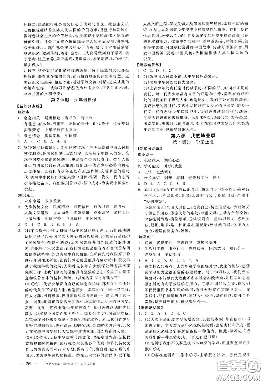 陽光出版社2021全品作業(yè)本九年級道德與法治下冊新課標人教版答案