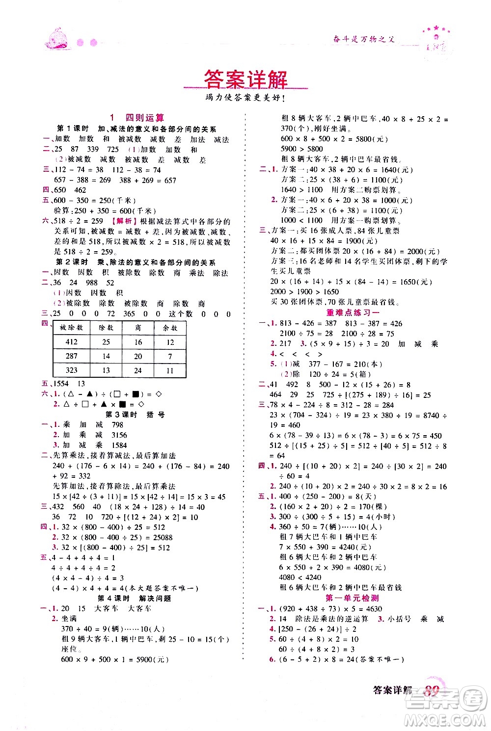 江西人民出版社2021王朝霞創(chuàng)維新課堂數(shù)學(xué)四年級下冊RJ人教版答案