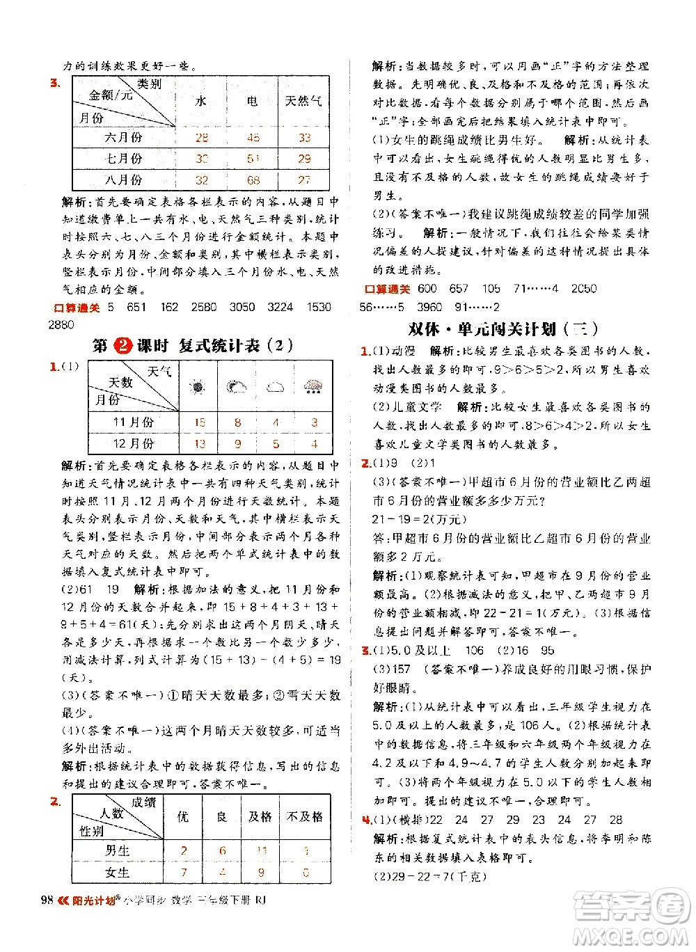 延邊大學(xué)出版社2021春陽(yáng)光計(jì)劃小學(xué)同步數(shù)學(xué)三年級(jí)下冊(cè)RJ人教版答案