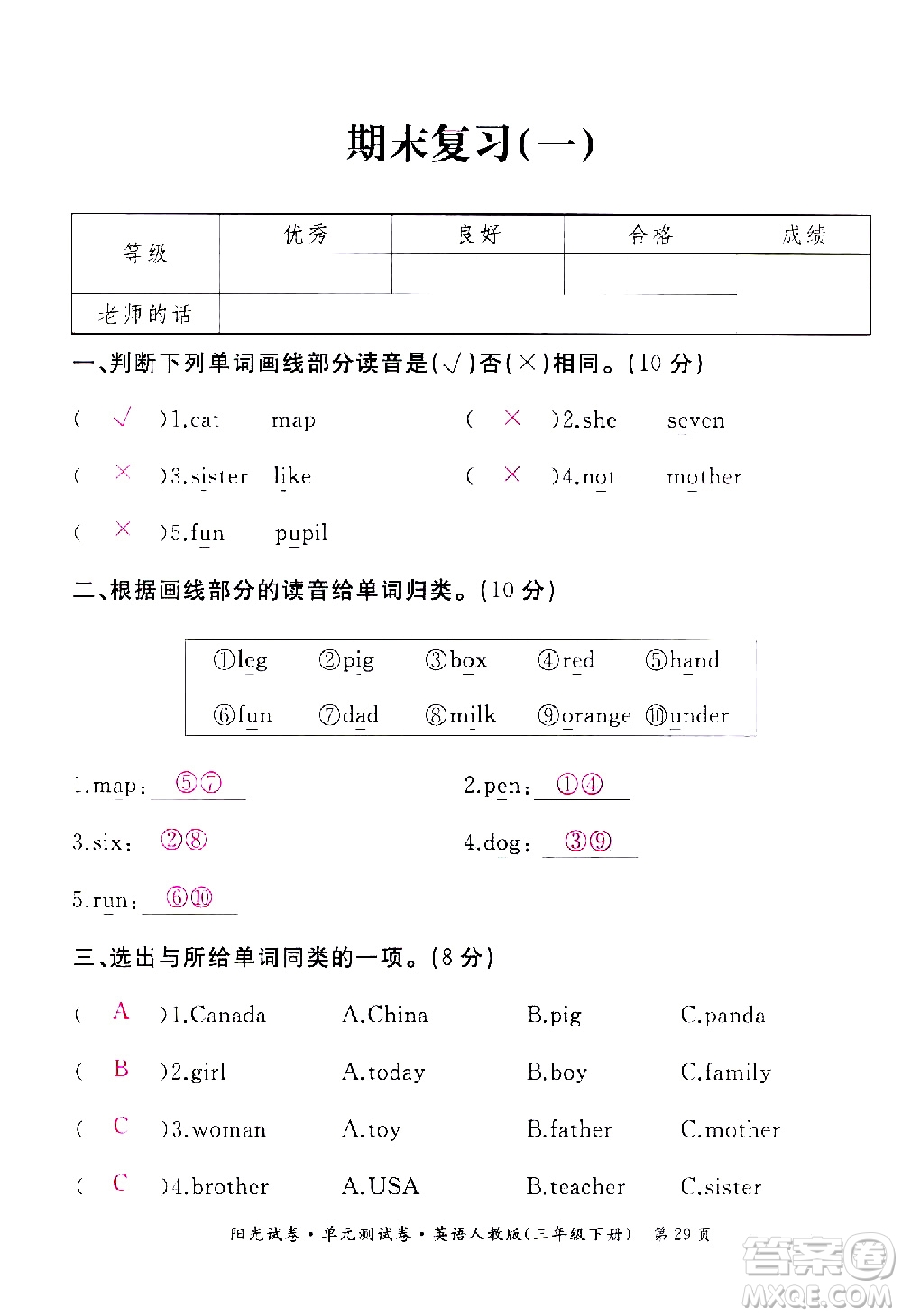 江西高校出版社2021陽光試卷單元測(cè)試卷英語三年級(jí)下冊(cè)人教版答案