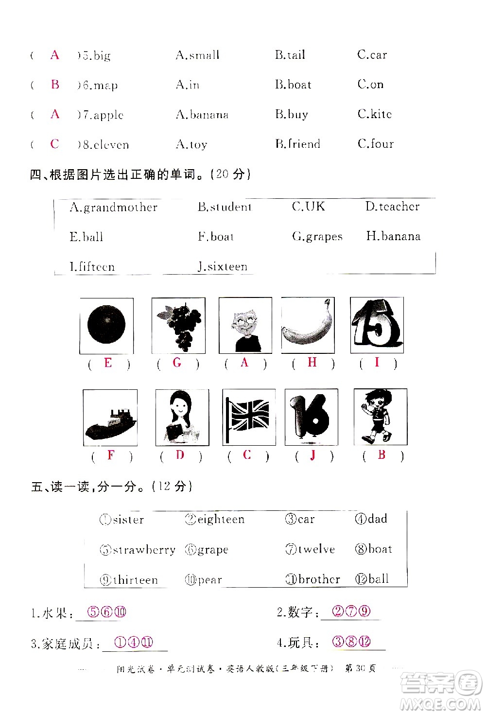 江西高校出版社2021陽光試卷單元測(cè)試卷英語三年級(jí)下冊(cè)人教版答案