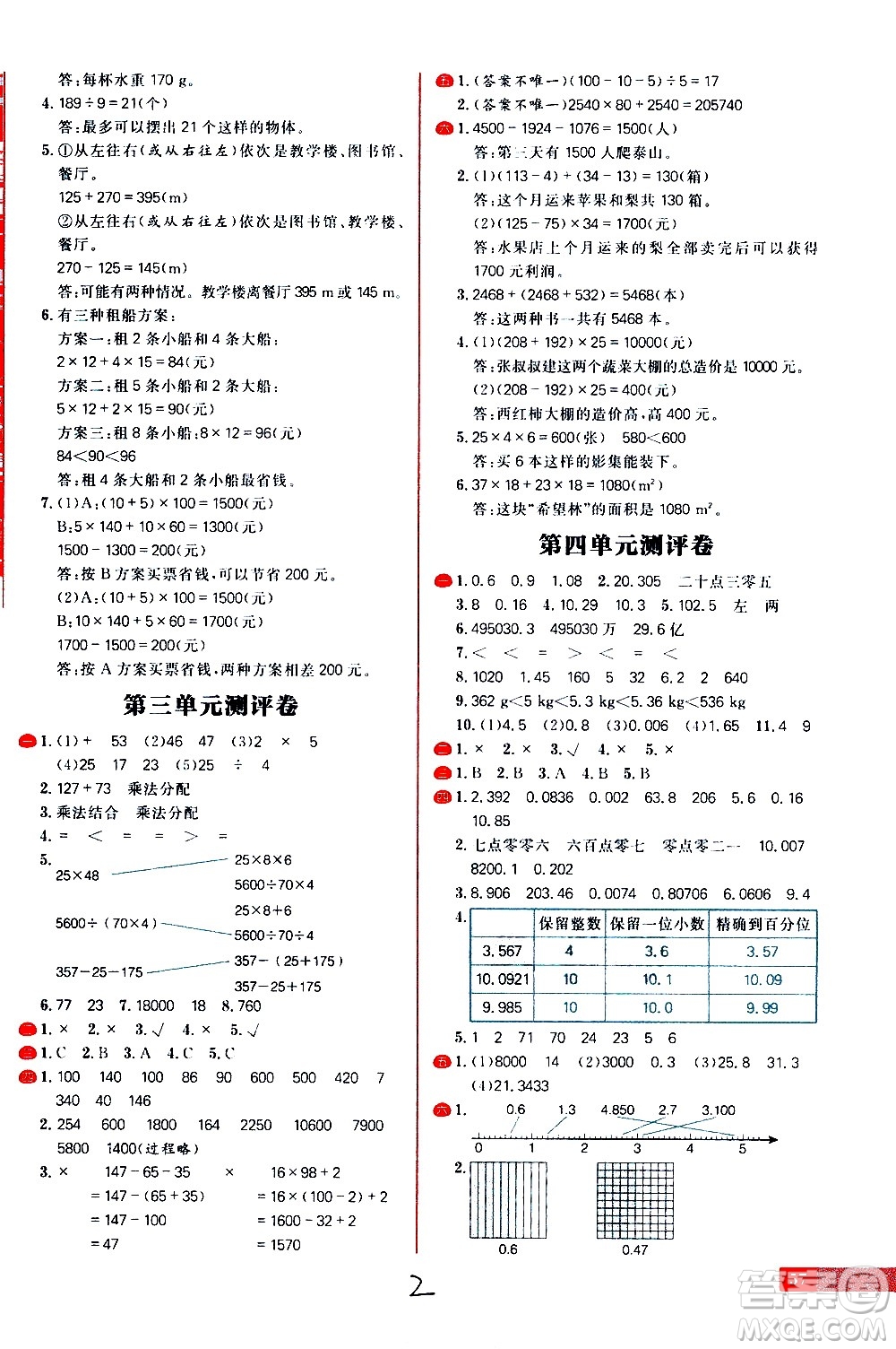 延邊大學出版社2021春陽光計劃小學試卷數(shù)學四年級下冊RJ人教版答案