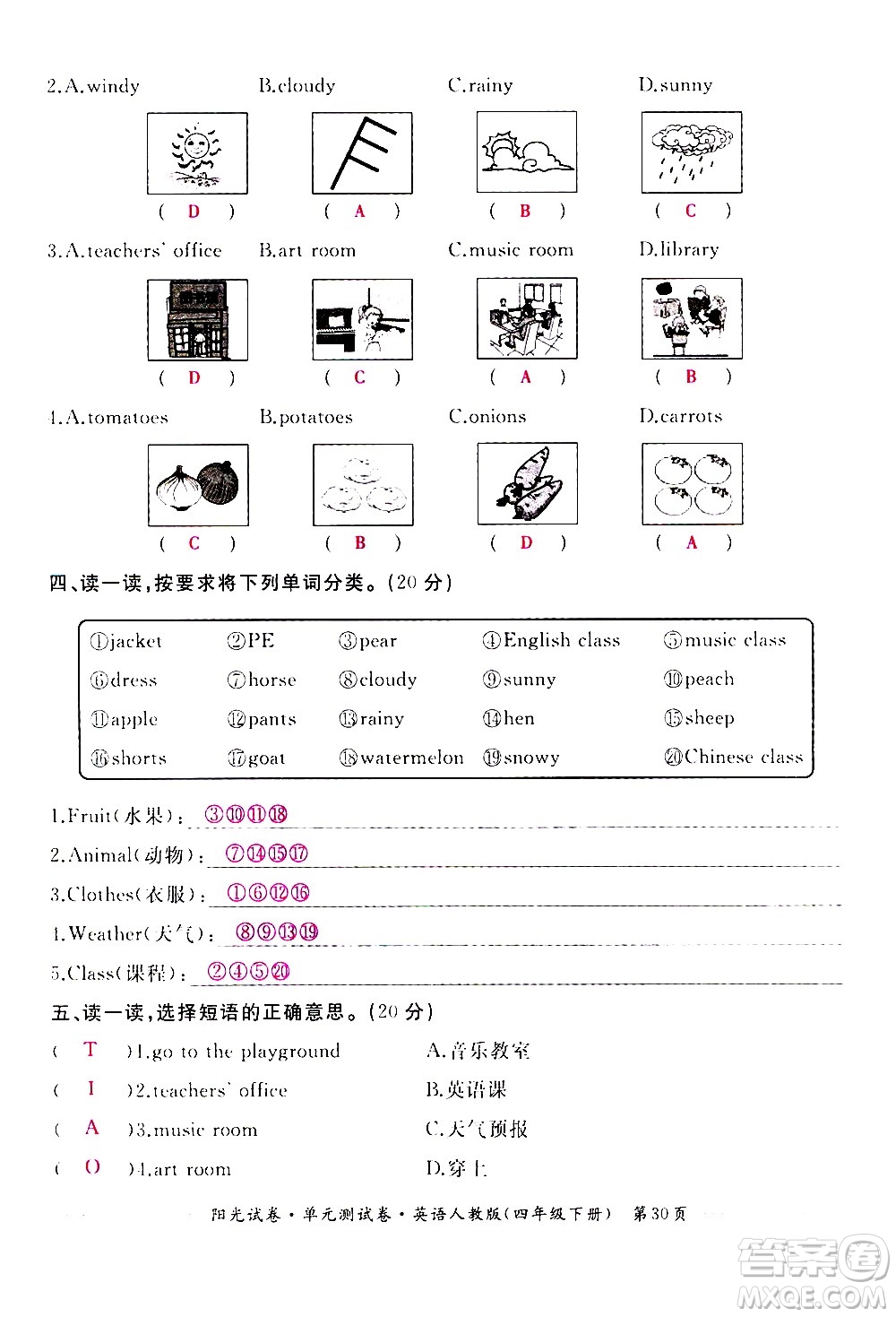 江西高校出版社2021陽(yáng)光試卷單元測(cè)試卷英語(yǔ)四年級(jí)下冊(cè)人教版答案