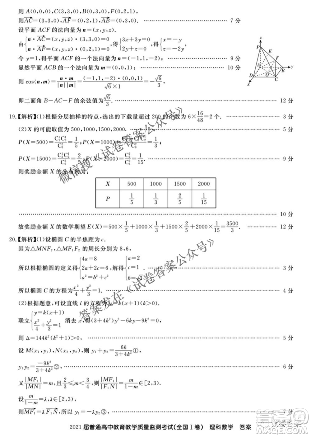 百校聯(lián)盟2021屆普通高中教育教學(xué)質(zhì)量監(jiān)測4月考試全國I卷理科數(shù)學(xué)試題及答案