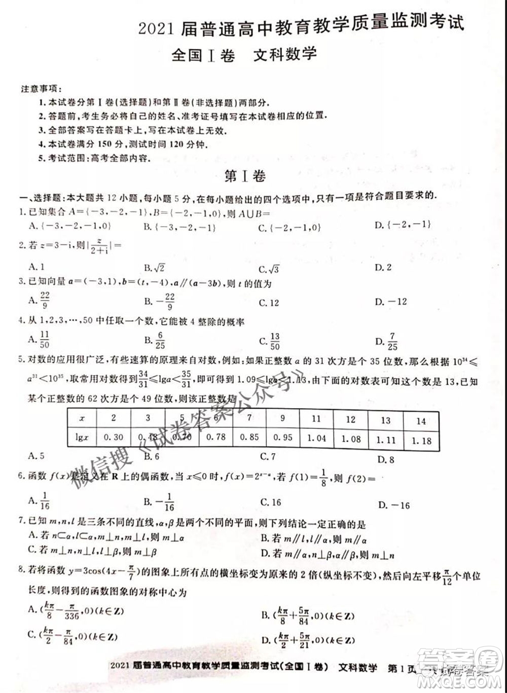 百校聯(lián)盟2021屆普通高中教育教學質(zhì)量監(jiān)測4月考試全國I卷文科數(shù)學試題及答案