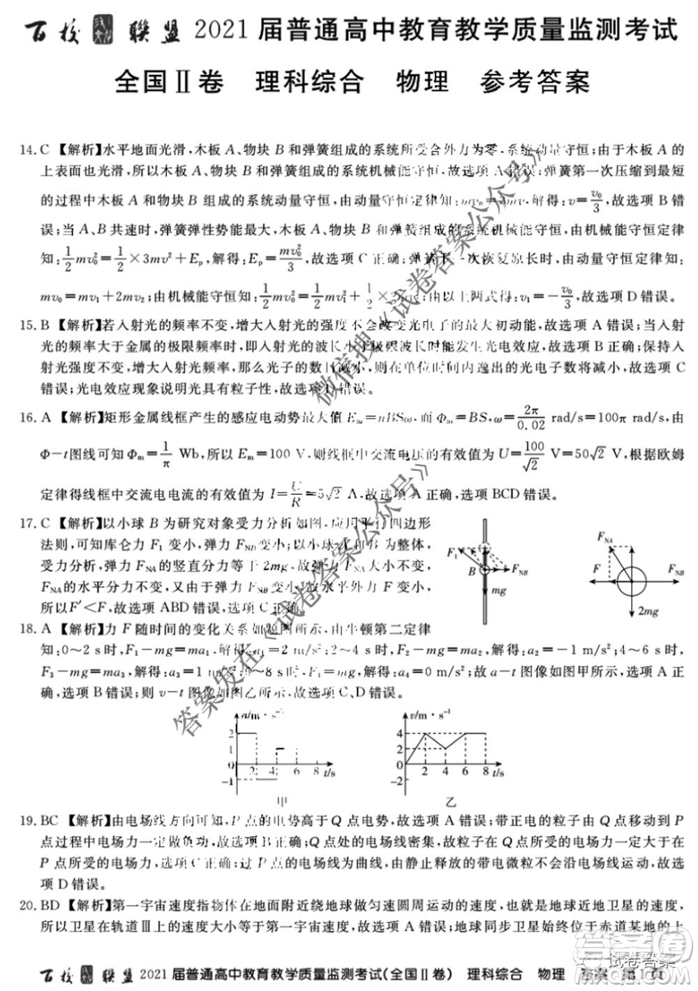 百校聯(lián)盟2021屆普通高中教育教學(xué)質(zhì)量監(jiān)測(cè)4月考試全國(guó)II卷理科綜合物理答案