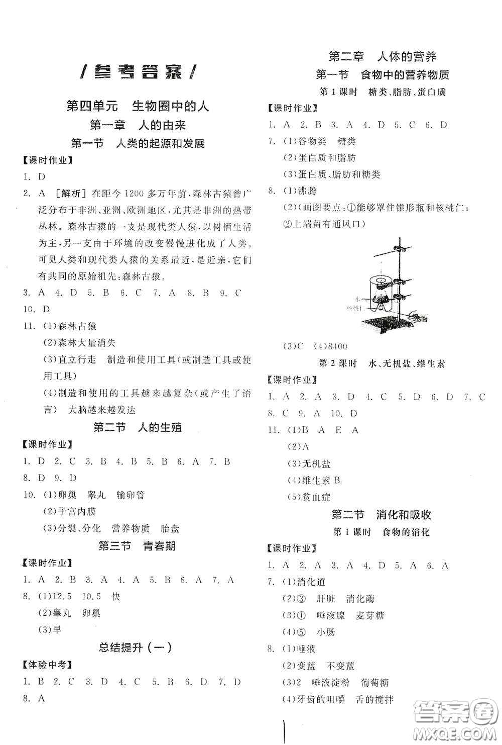 陽光出版社2021春全品學(xué)練考七年級(jí)生物學(xué)下冊(cè)新課標(biāo)人教版江西省專用答案