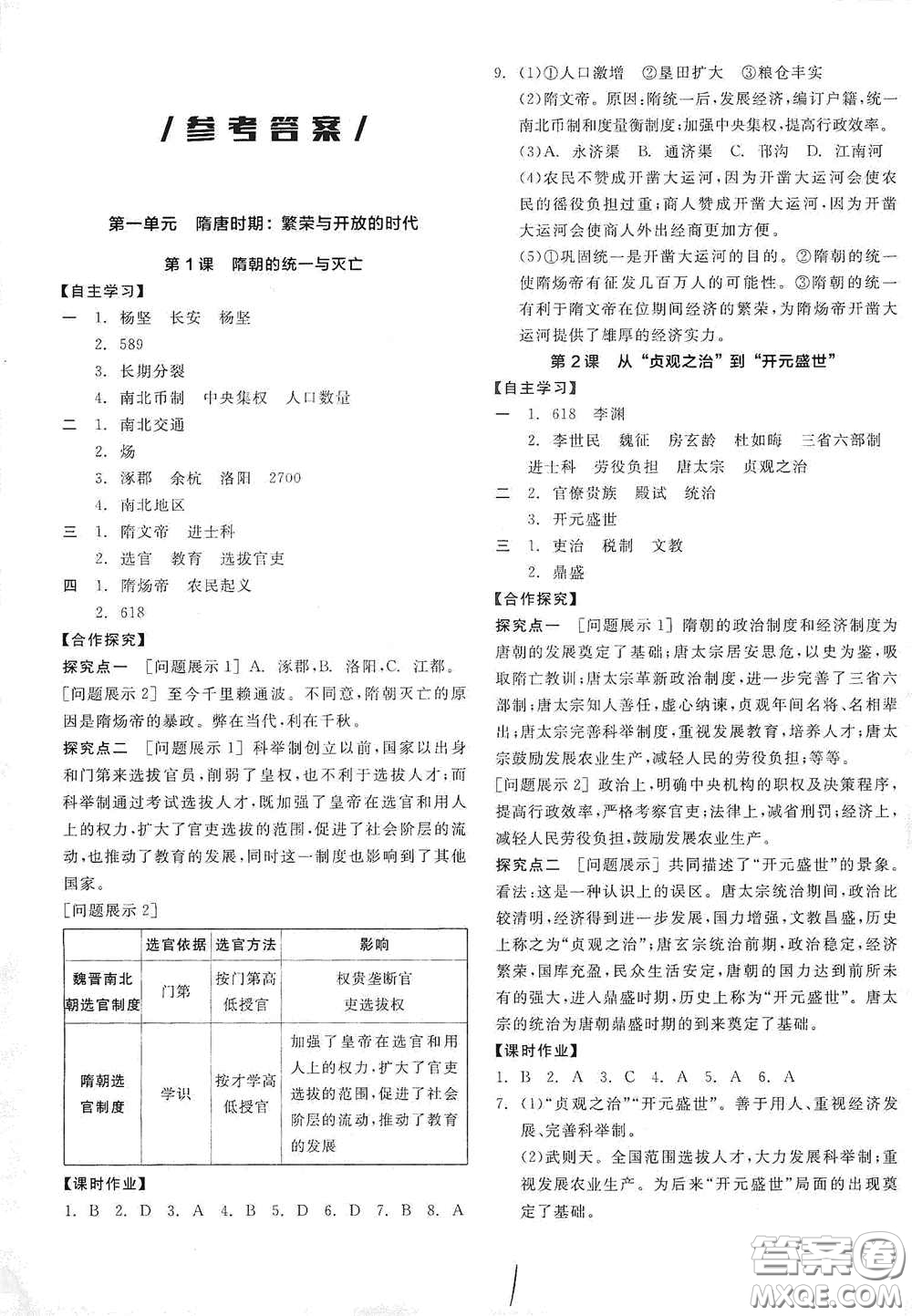 陽光出版社2021春全品學練考七年級中國歷史下冊新課標人教版江西省專用答案