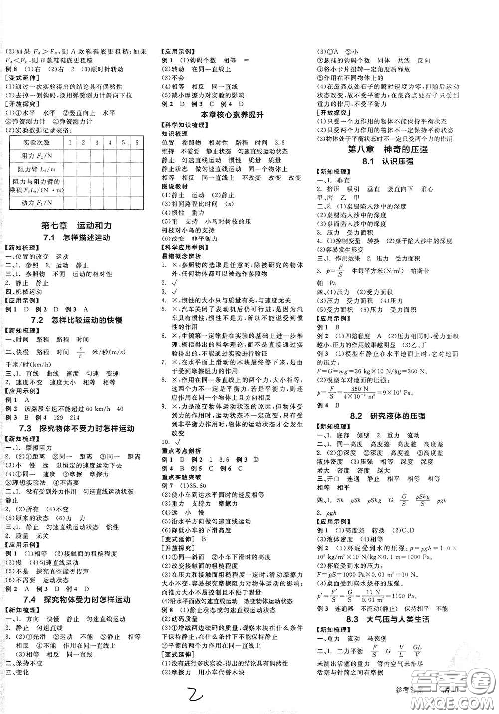 陽光出版社2021春全品學(xué)練考學(xué)習(xí)手冊(cè)八年級(jí)物理下冊(cè)新課標(biāo)滬粵版江西省專用答案