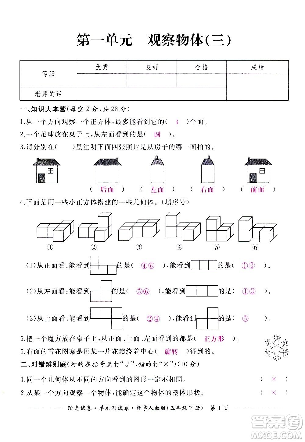 江西高校出版社2021陽(yáng)光試卷單元測(cè)試卷數(shù)學(xué)五年級(jí)下冊(cè)人教版答案