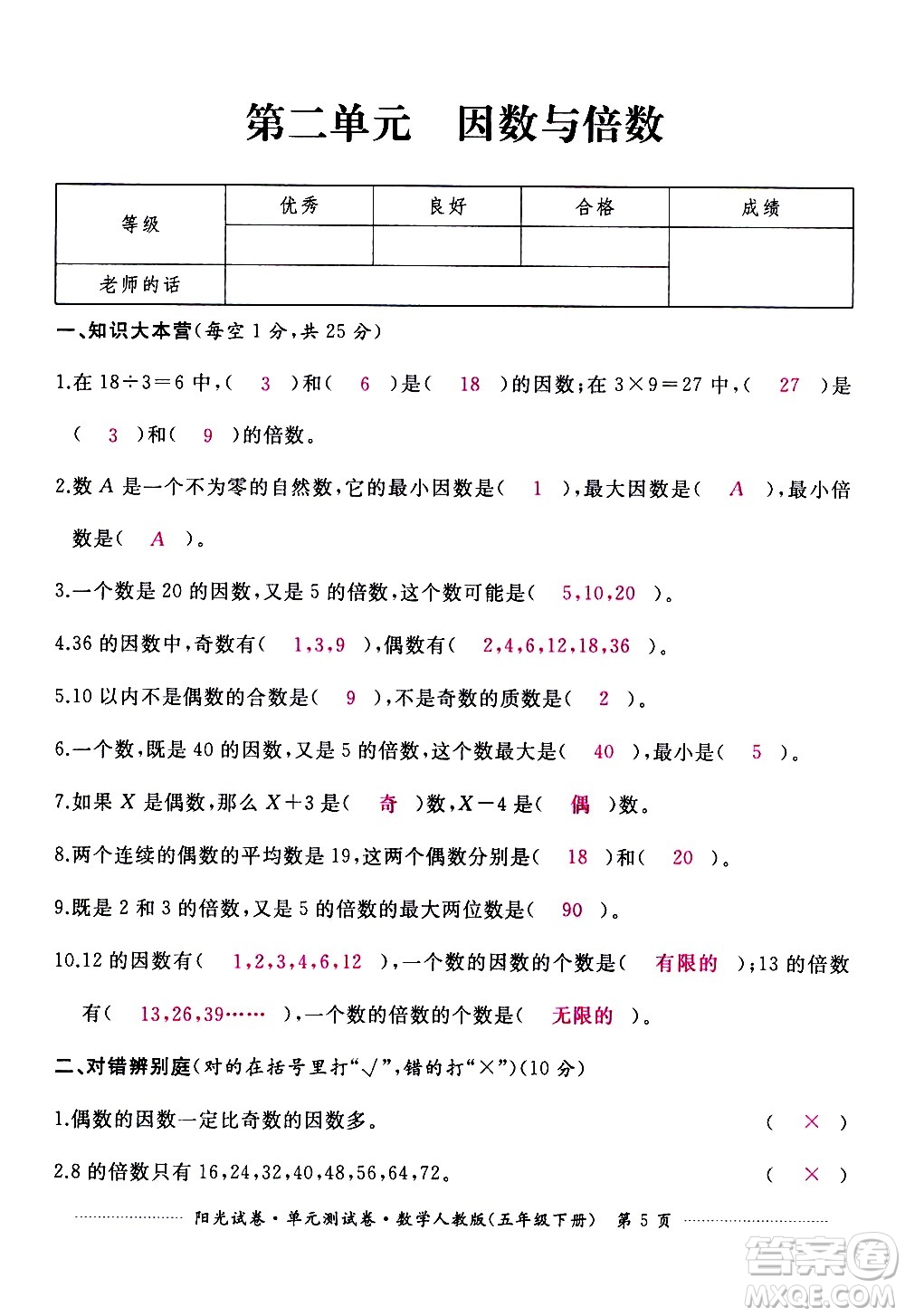 江西高校出版社2021陽(yáng)光試卷單元測(cè)試卷數(shù)學(xué)五年級(jí)下冊(cè)人教版答案