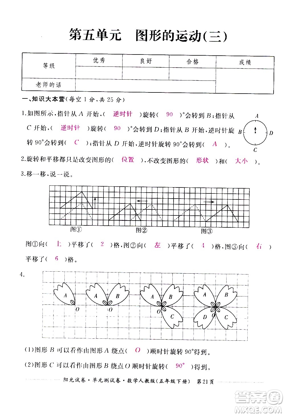 江西高校出版社2021陽(yáng)光試卷單元測(cè)試卷數(shù)學(xué)五年級(jí)下冊(cè)人教版答案