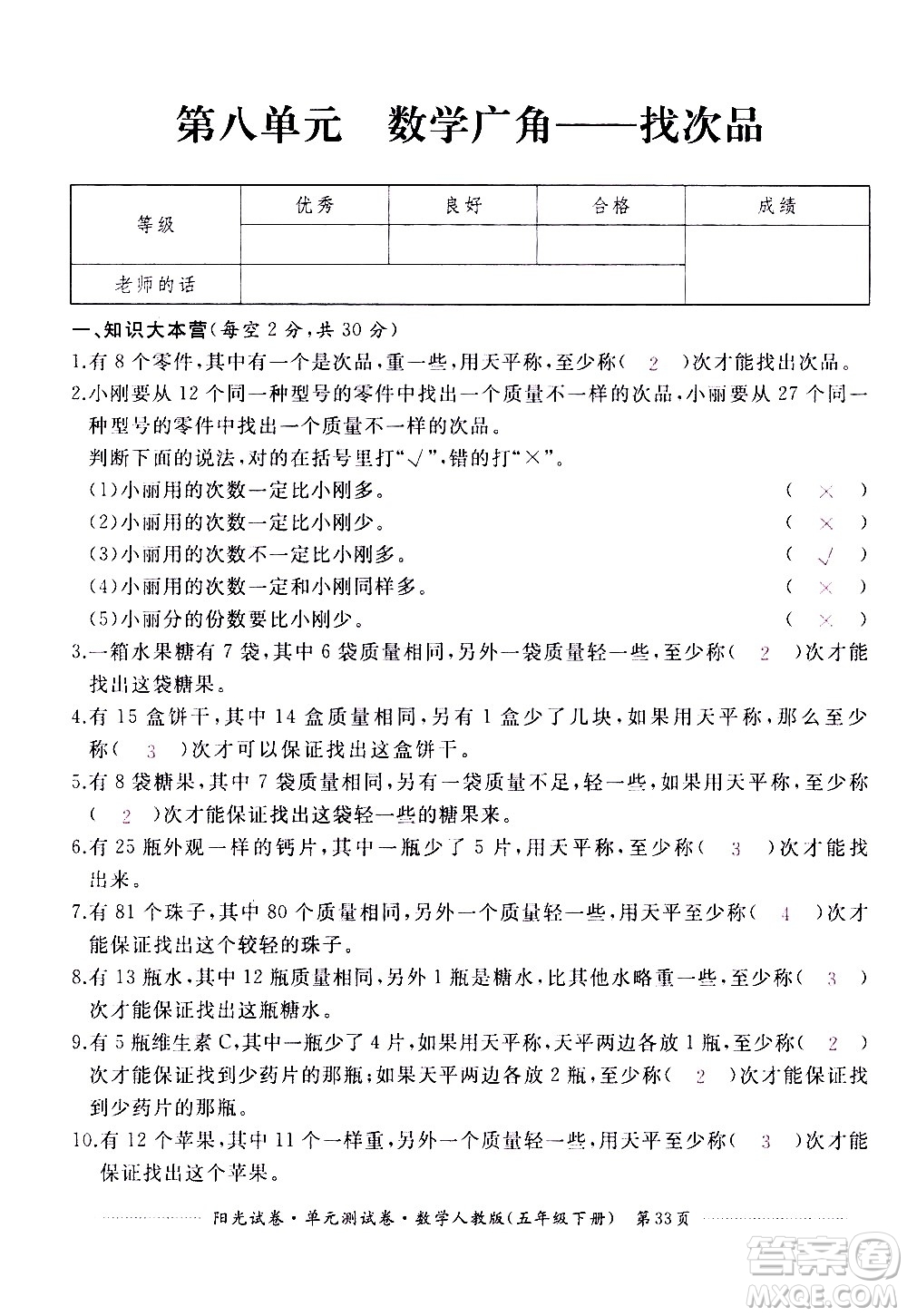 江西高校出版社2021陽(yáng)光試卷單元測(cè)試卷數(shù)學(xué)五年級(jí)下冊(cè)人教版答案