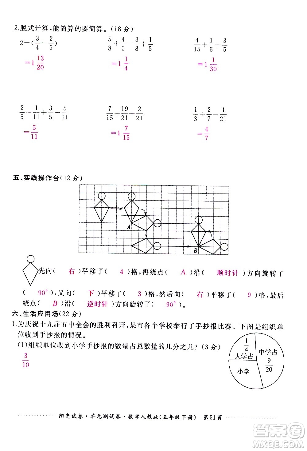 江西高校出版社2021陽(yáng)光試卷單元測(cè)試卷數(shù)學(xué)五年級(jí)下冊(cè)人教版答案