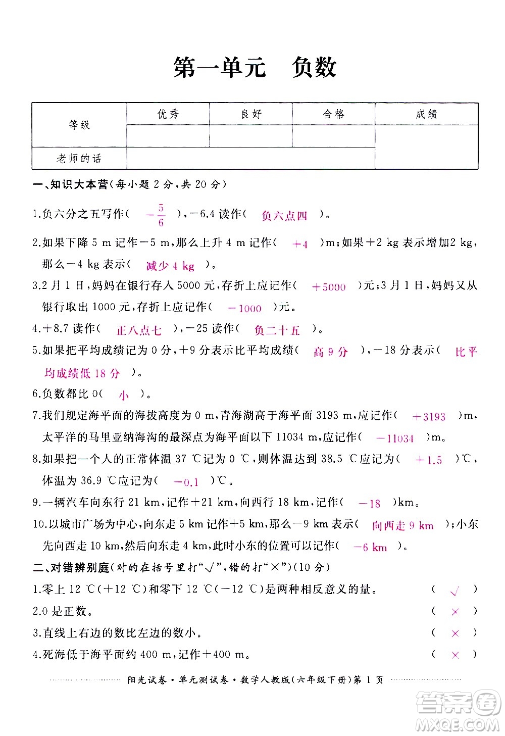 江西高校出版社2021陽(yáng)光試卷單元測(cè)試卷數(shù)學(xué)六年級(jí)下冊(cè)人教版答案