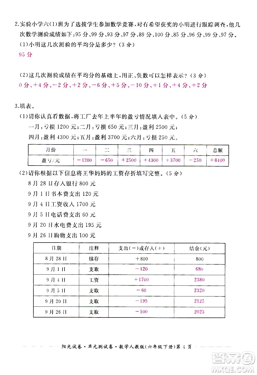 江西高校出版社2021陽(yáng)光試卷單元測(cè)試卷數(shù)學(xué)六年級(jí)下冊(cè)人教版答案