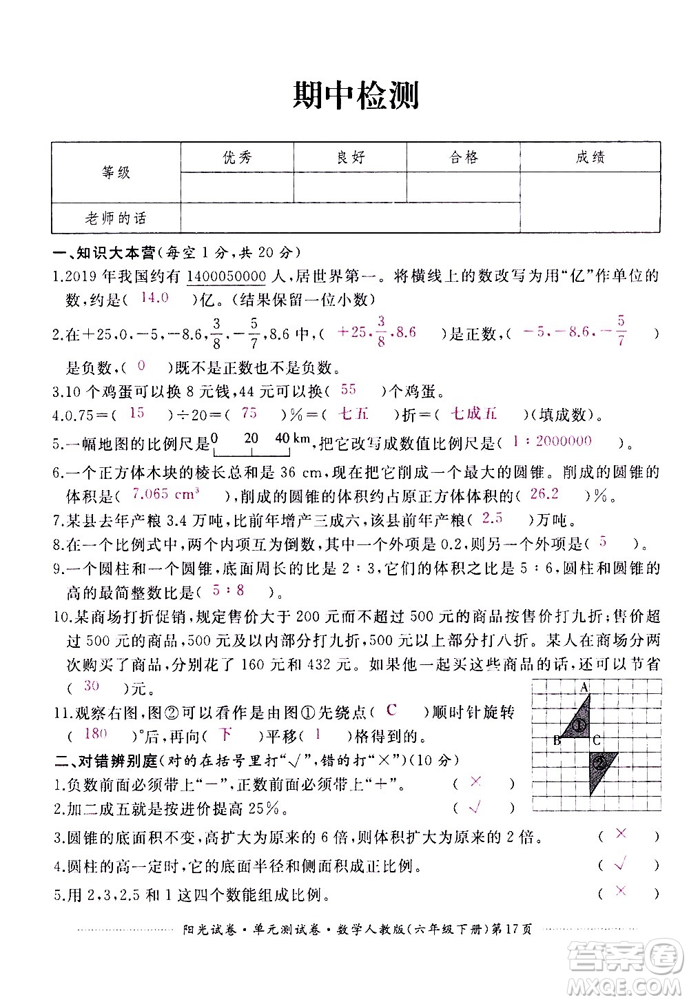 江西高校出版社2021陽(yáng)光試卷單元測(cè)試卷數(shù)學(xué)六年級(jí)下冊(cè)人教版答案