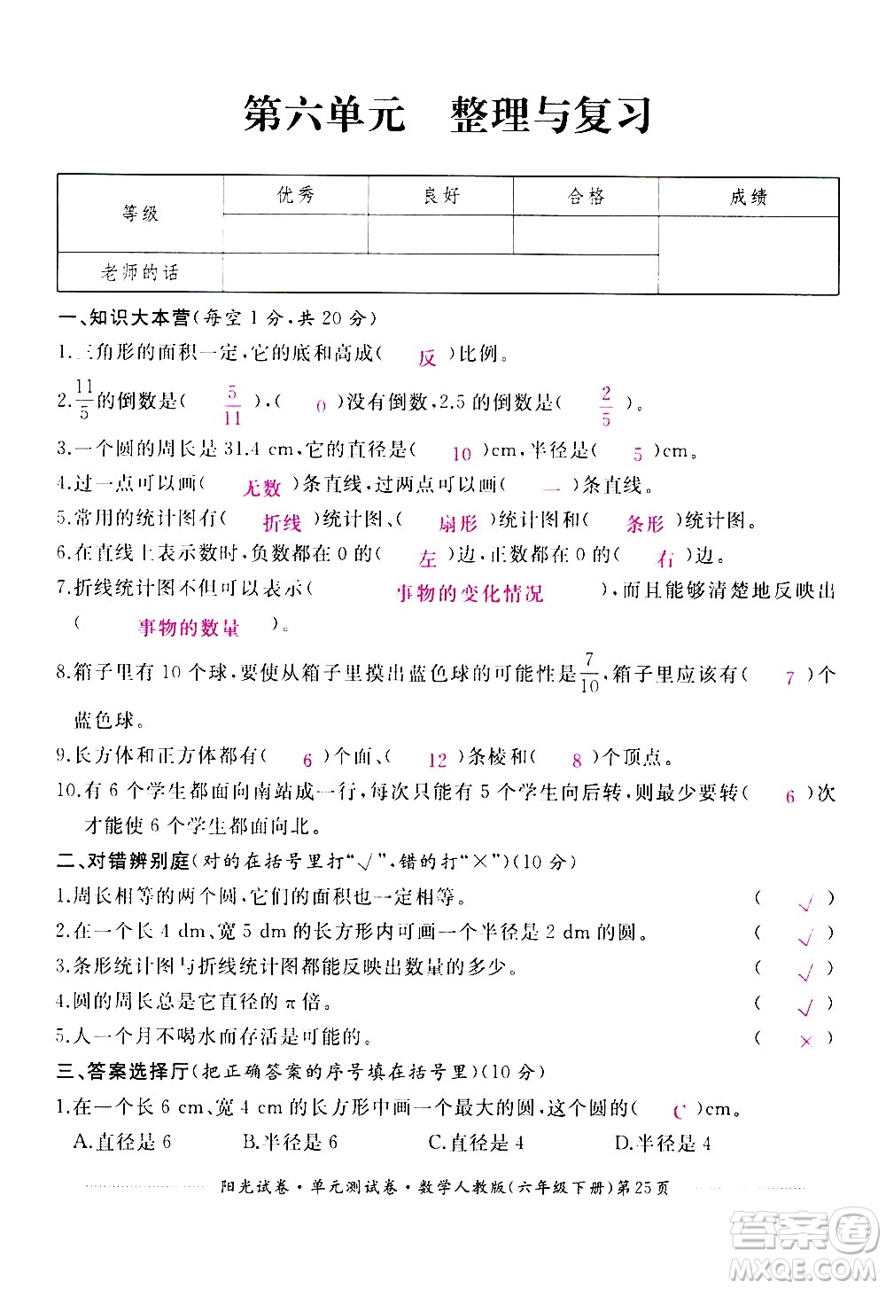 江西高校出版社2021陽(yáng)光試卷單元測(cè)試卷數(shù)學(xué)六年級(jí)下冊(cè)人教版答案