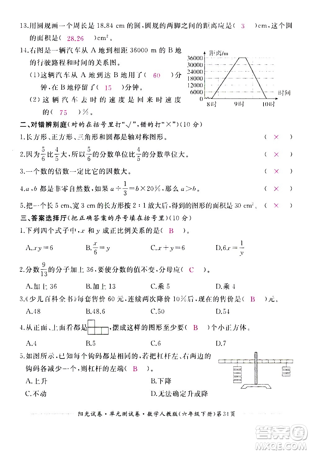江西高校出版社2021陽(yáng)光試卷單元測(cè)試卷數(shù)學(xué)六年級(jí)下冊(cè)人教版答案