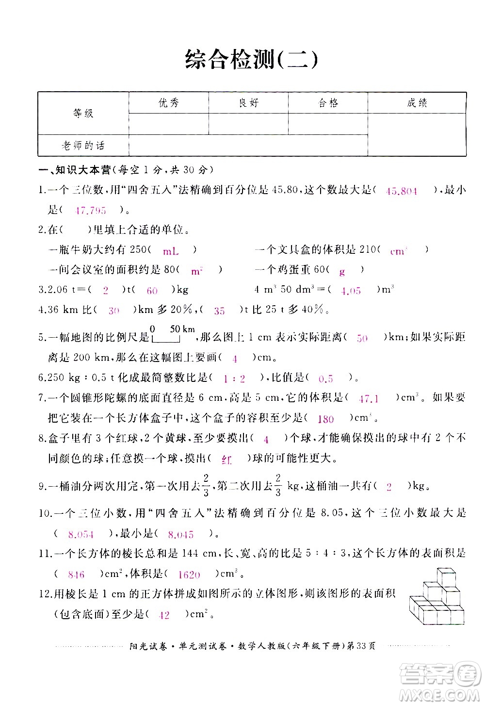 江西高校出版社2021陽(yáng)光試卷單元測(cè)試卷數(shù)學(xué)六年級(jí)下冊(cè)人教版答案