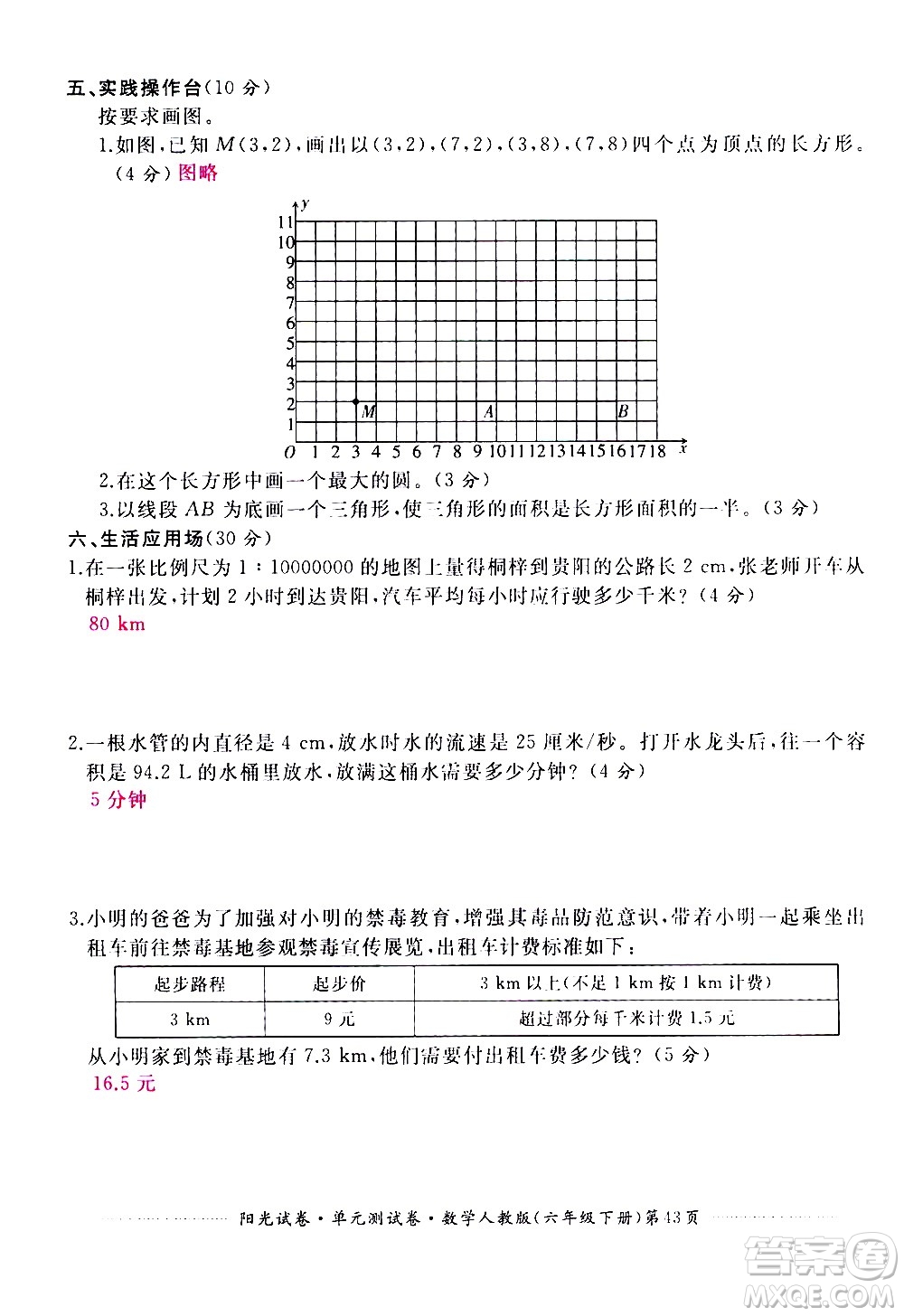 江西高校出版社2021陽(yáng)光試卷單元測(cè)試卷數(shù)學(xué)六年級(jí)下冊(cè)人教版答案