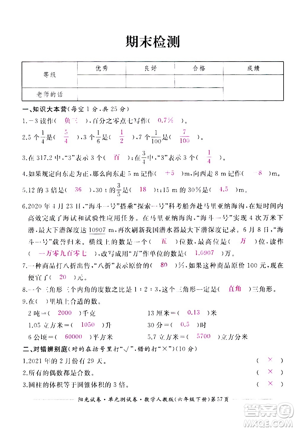 江西高校出版社2021陽(yáng)光試卷單元測(cè)試卷數(shù)學(xué)六年級(jí)下冊(cè)人教版答案