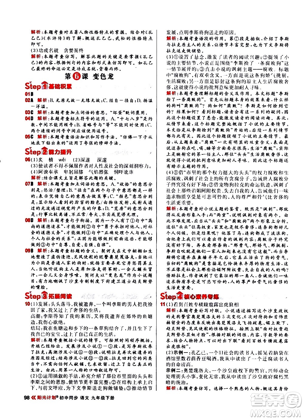 黑龍江教育出版社2021春陽(yáng)光計(jì)劃初中同步語(yǔ)文九年級(jí)下冊(cè)人教版答案