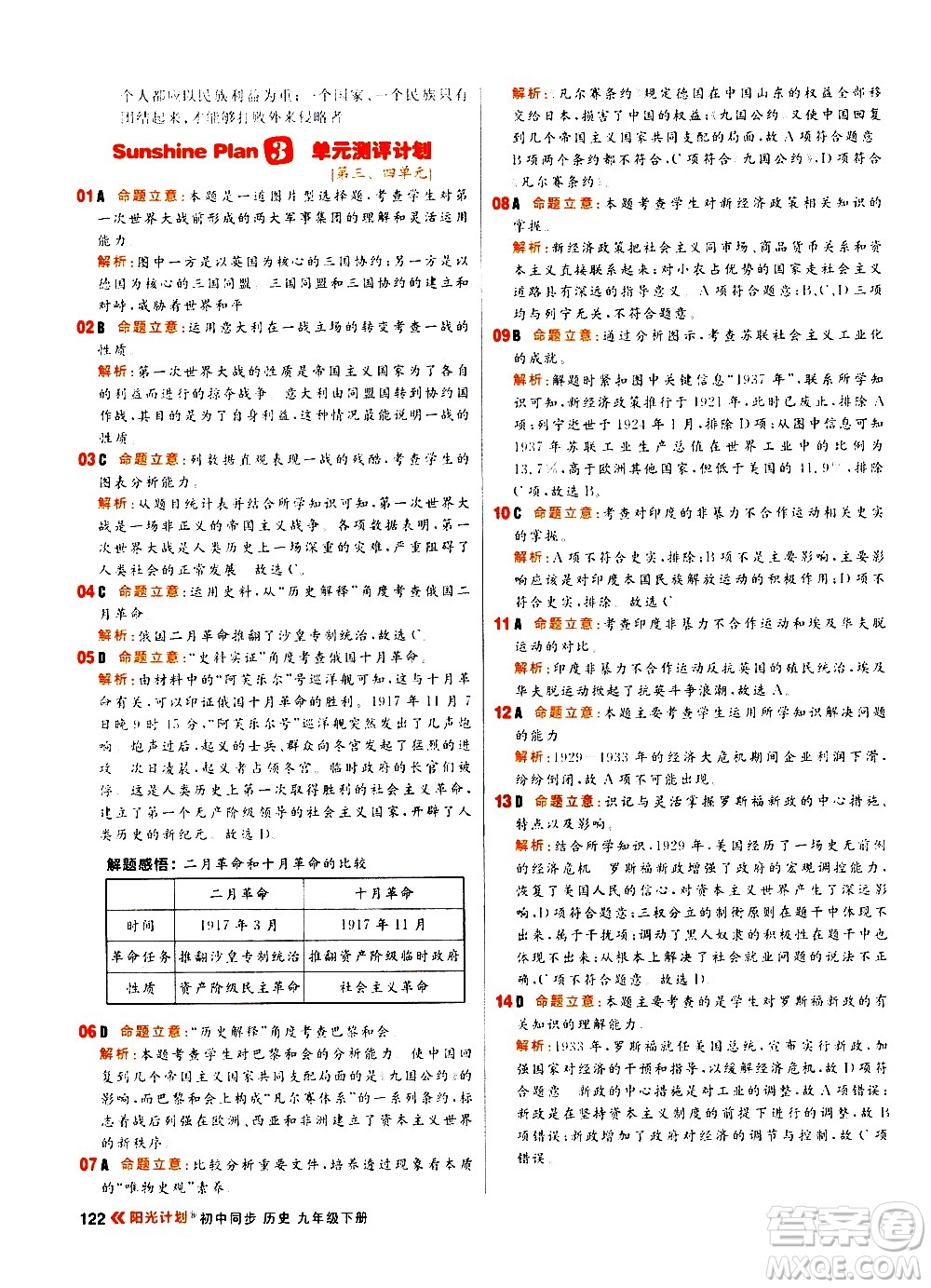 黑龍江教育出版社2021春陽光計(jì)劃初中同步歷史九年級下冊人教版答案
