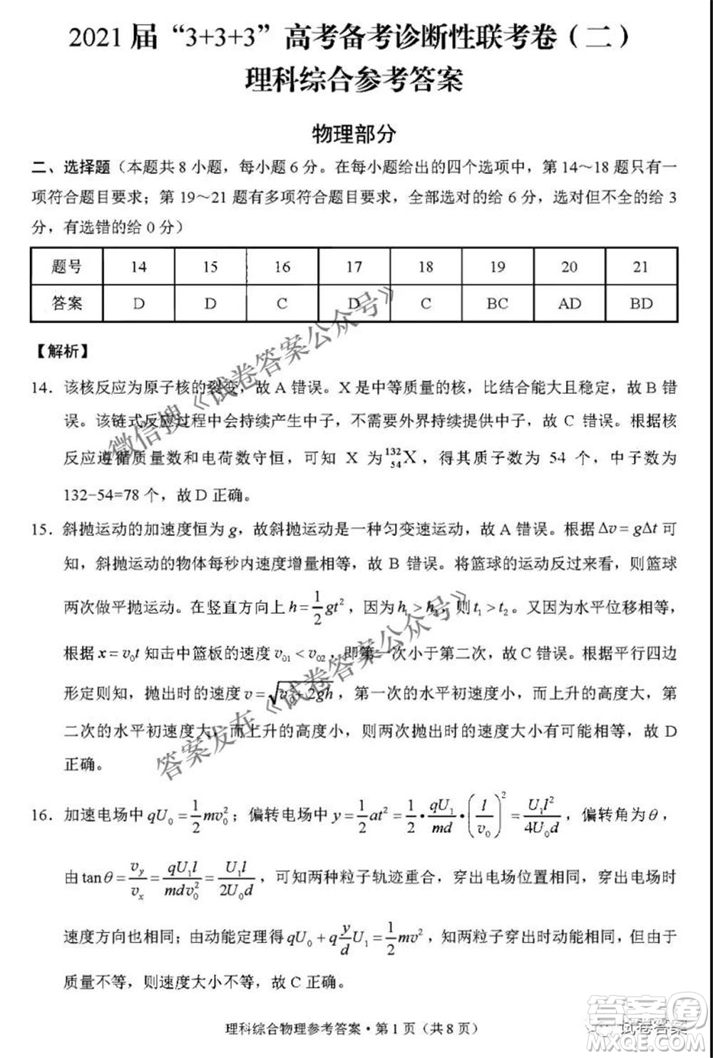 2021屆3+3+3高考備考診斷性聯(lián)考卷二理科綜合答案