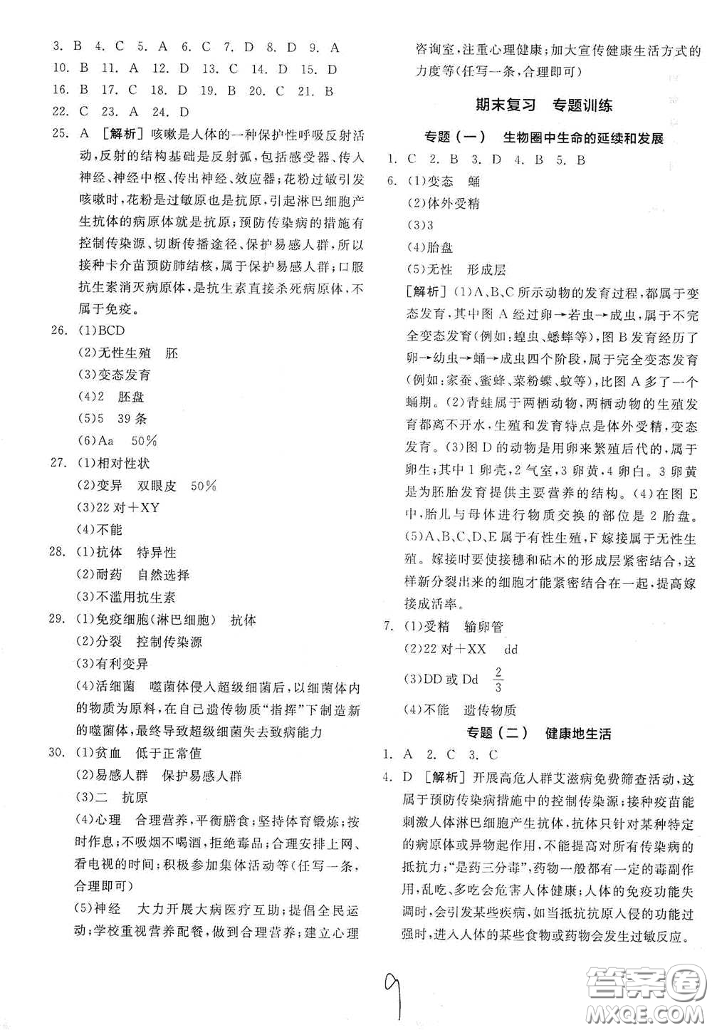 陽光出版社2021全品學(xué)練考八年級生物學(xué)下冊新課標人教版江西省答案