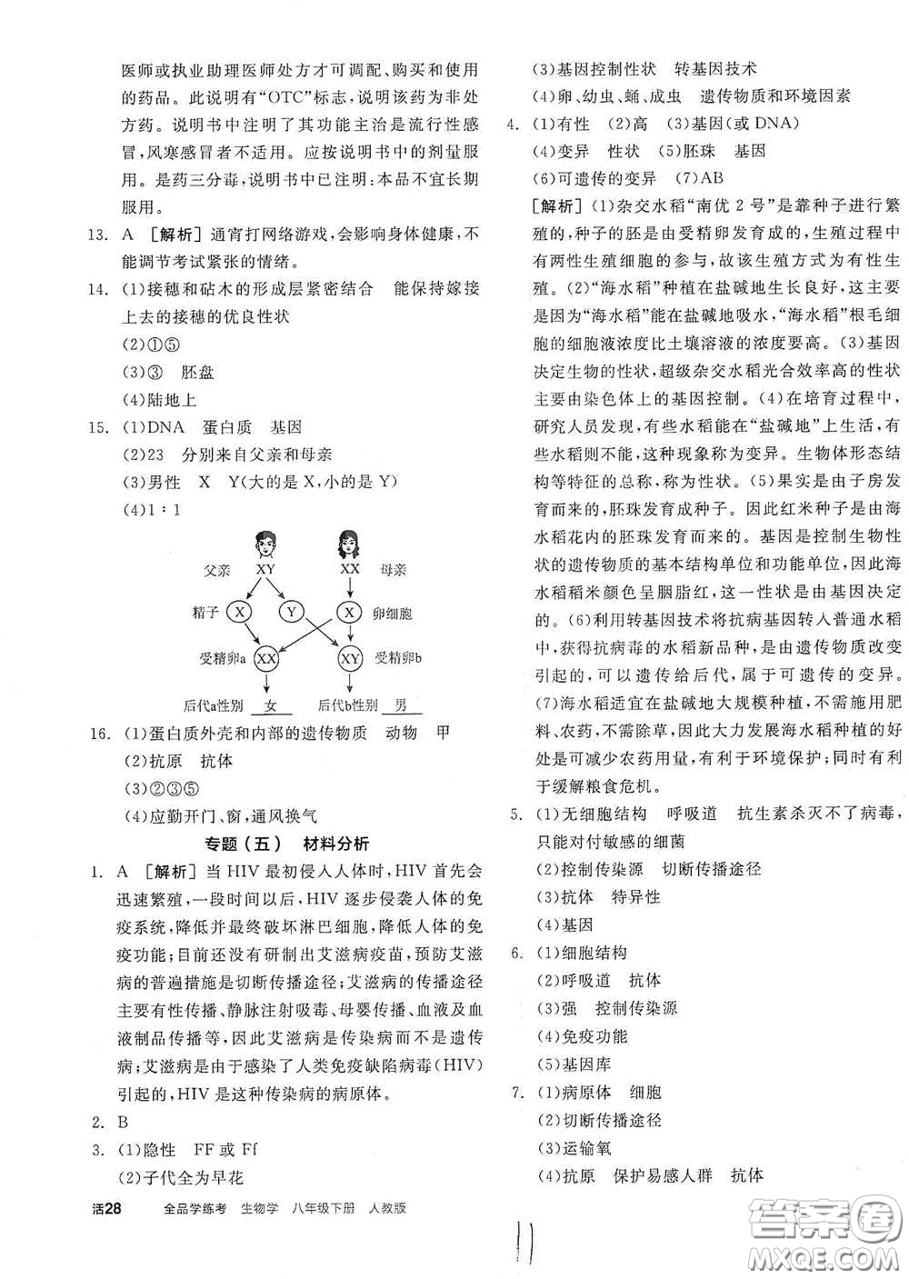 陽光出版社2021全品學(xué)練考八年級生物學(xué)下冊新課標人教版江西省答案