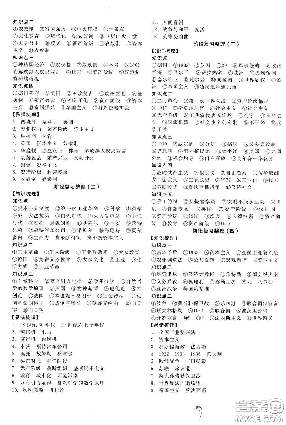 陽光出版社2021全品學(xué)練考九年級世界歷史下冊新課標(biāo)人教版答案