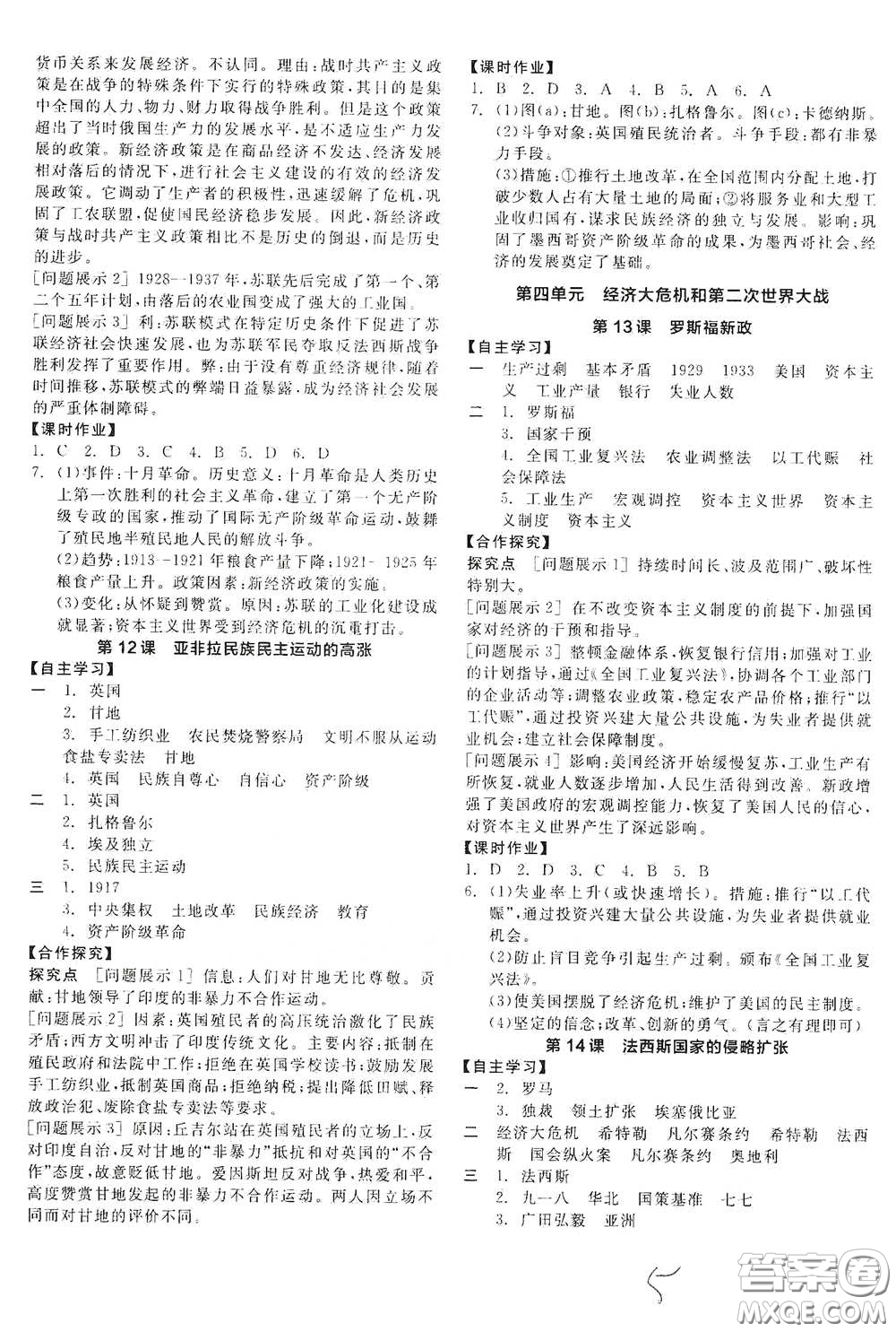 陽光出版社2021全品學(xué)練考九年級世界歷史下冊新課標(biāo)人教版答案